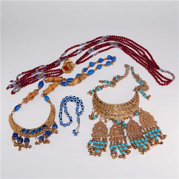 Set of Four Mediterranean Style Jewelry Pieces Including One Prayer Bead Strand and Three Necklaces