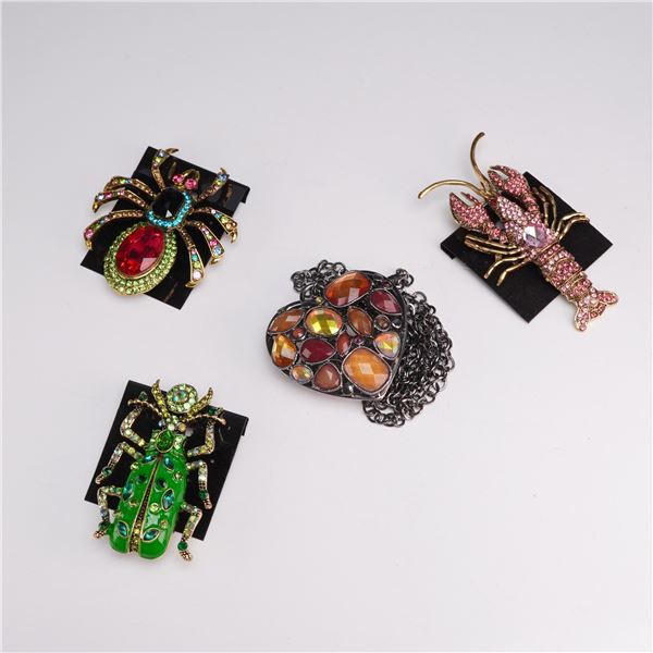 4pc Costume Jewelry Featuring Animal Brooches and Heart Pendant Necklace