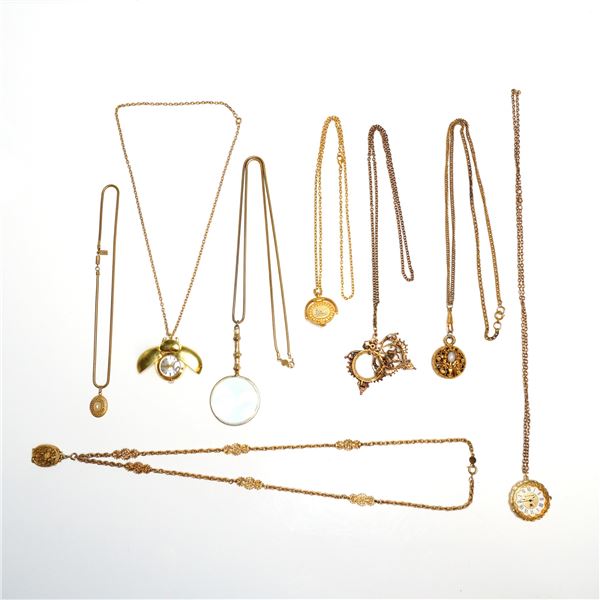 8pc Necklace Unique Jewelry Lot Including Magnifying, Perfume, Clock, and Locket Necklaces