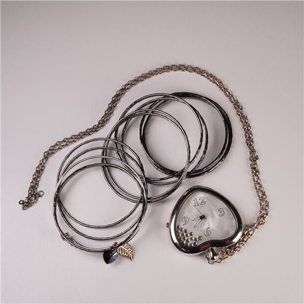 12pc Costume Jewelry, Watch Necklace, Charm Bangle and Gray Metal Bangles