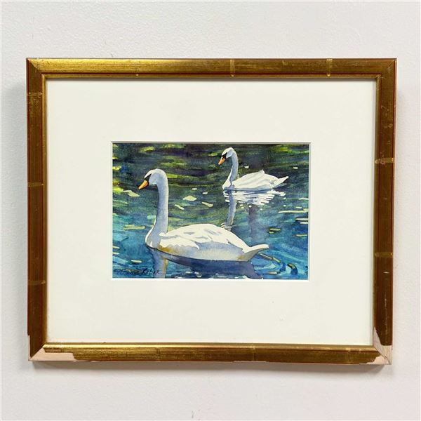 Signed Thomas Rebek (American, b. 1942), Swan Duo, Watercolor on Paper
