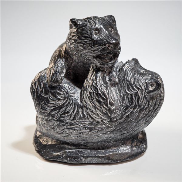 A Wolf Original Soapstone Sculpture of Playing Bear Cubs