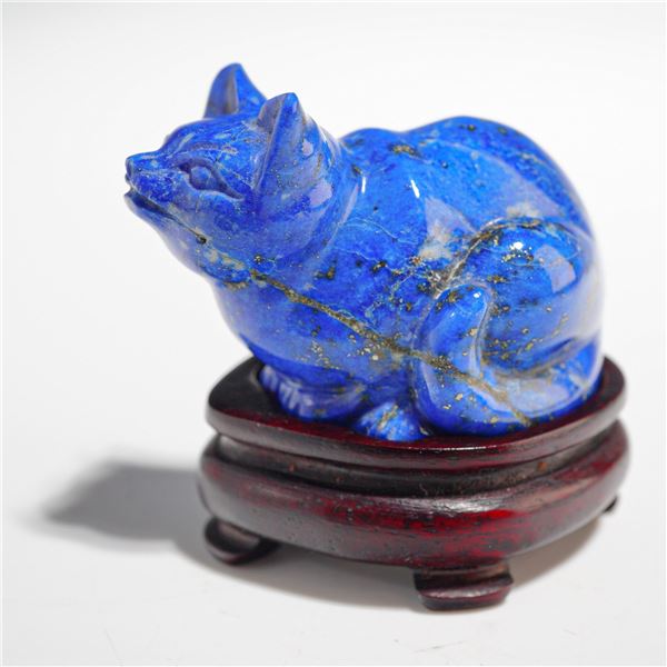 A Lapis Lazuli Carving of a Crouching Cat with Fitted Hardwood Stand