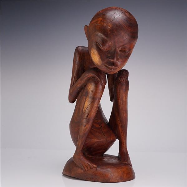 Abstract Hardwood Hand Carved Sculpture, Resting Man in the Style of Balinese Modernism