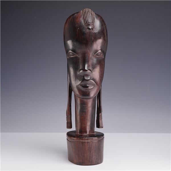 African Hand-Carved Ebony Wood Tribal Head Bust