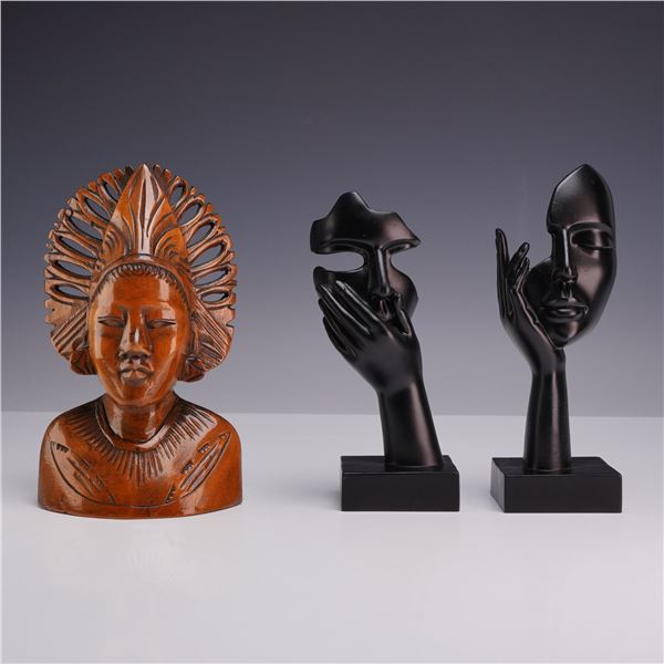 Three Balinese Carved Wood Bust and Thinker Statues