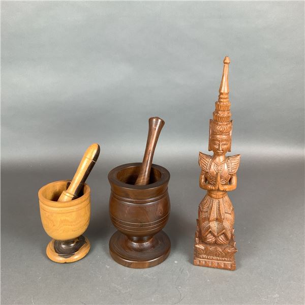 5pc Wood Items, Thai Sculpture and Mortars with Pestles