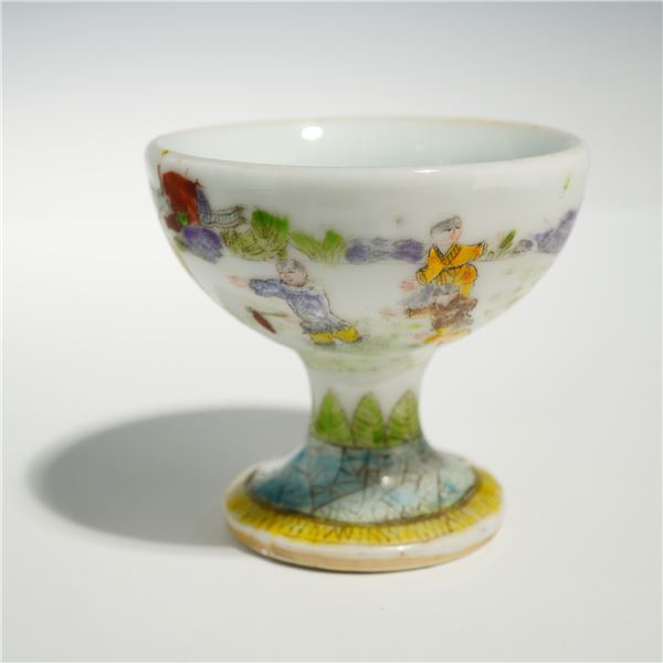 Painted Chinese Porcelain Stem Cup with Boys at Play Motif
