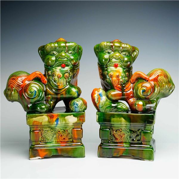 Pair of Large Vintage Glazed Orange and Green Ceramic Chinese Foo Dogs