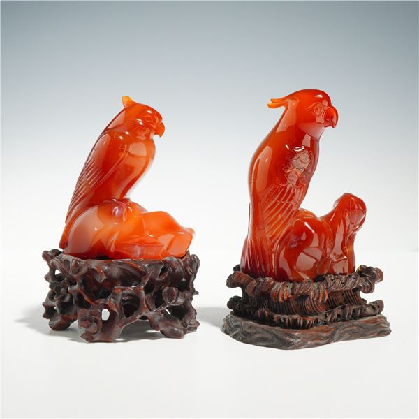 2pc Chinese Carved Carnelian Agate Bird Figurines on Wood Bases