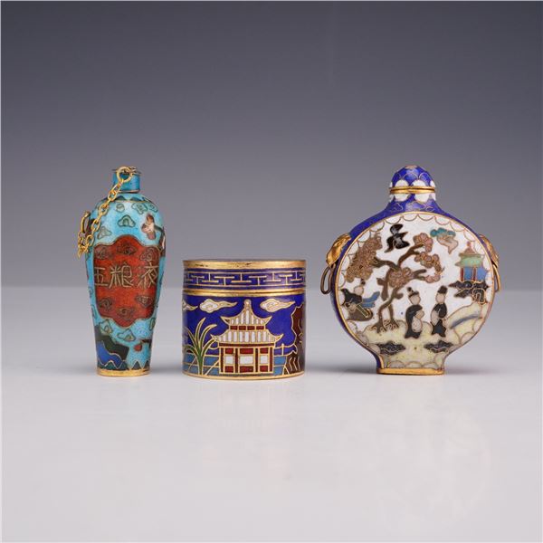 Three Chinese Miniature Cloisonne Enamel Vessels Including Snuff Bottles and Covered Box