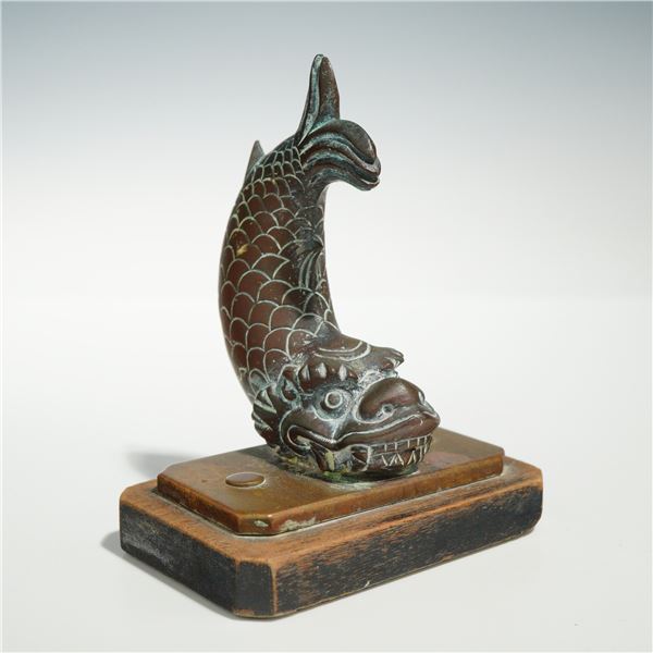 Japanese Bronze Shachihoko Dragon Fish Sculpture on Stepped Base