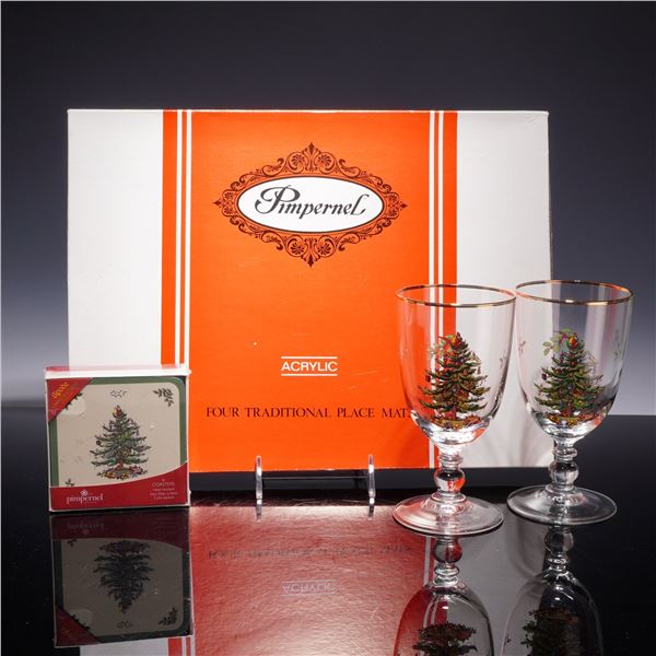 6pc Table Accessories Including Pimpernel and Spode Christmas Tree Pattern