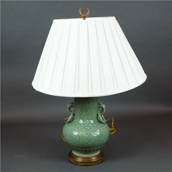Chinese Celadon Glazed Porcelain Hu-Form Vase Table Lamp with Shade