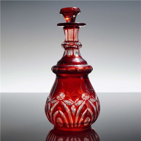 Bohemian Floral Cut-to-Clear Ruby Glass Decanter with Stopper