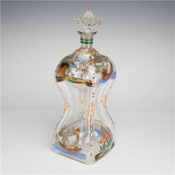 Hand Painted Enamel Pinched Glass Decanter with Stopper