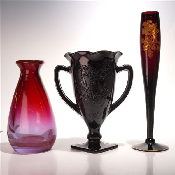 3pc Black Amethyst, Floral Bud, and Red Glass Vases