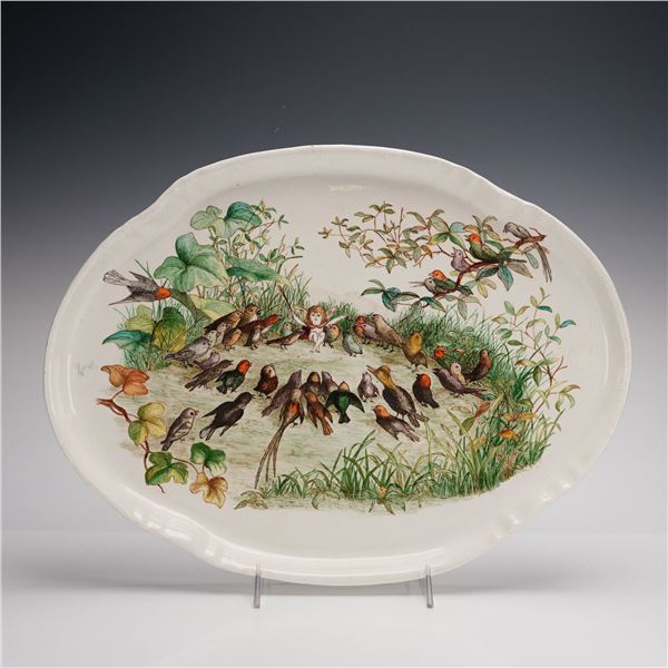 Victorian English Creamware Oval Platter with Hand-Colored Fairy and Bird Scene