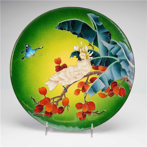 A Contemporary Enamel-on-Metal Decorative Charger with Cockatoo, dated 1984