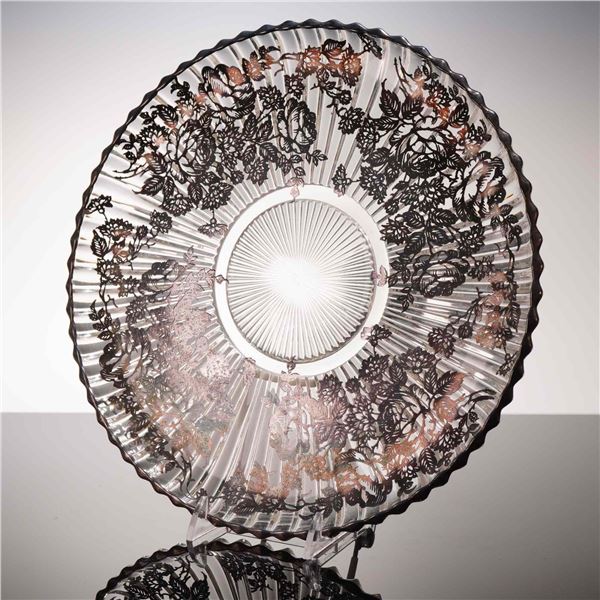 Heisey Glass Silver Overlay Rose Pattern Fluted Platter