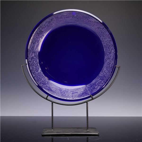 Signed Cobalt Blue Glass Charger and Stand