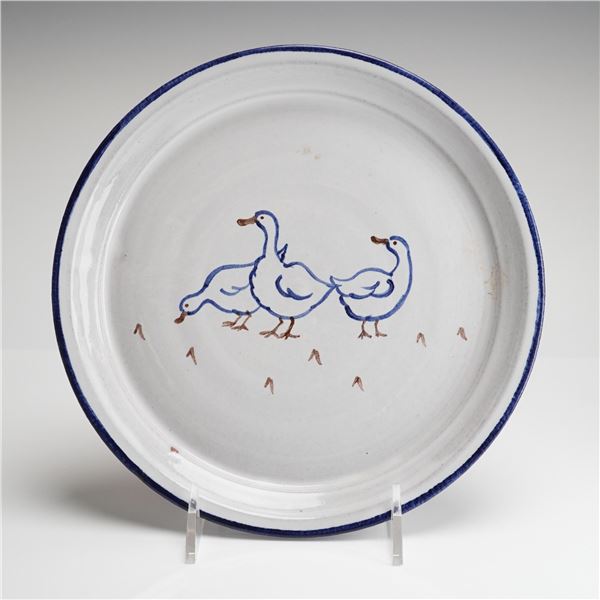 Studio Earthenware Plate with Stylized Duck Scene, Signed Valls, Dated 2014
