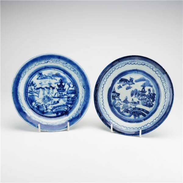 2pc Chinese Canton Blue and White Export Porcelain Plates