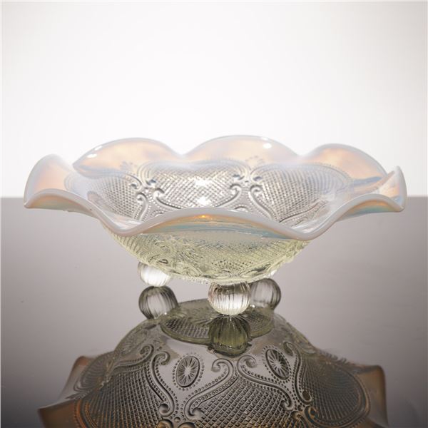 Northwood Glass Lattice Medallions White Opalescent Ruffled Bowl