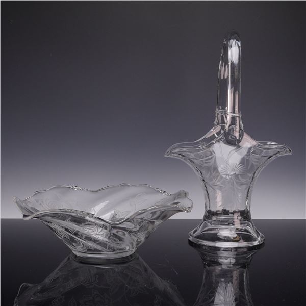 Two Floral Accent Heavy Glass Pieces Including a Tall Handled Basket and a Ruffled Bowl