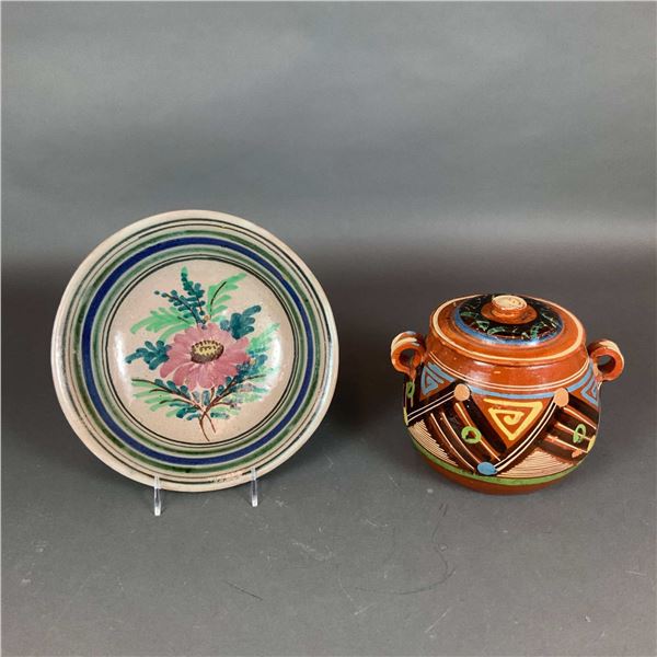 2pc Hand-Painted Pottery Including a Bean Pot and Serving Bowl