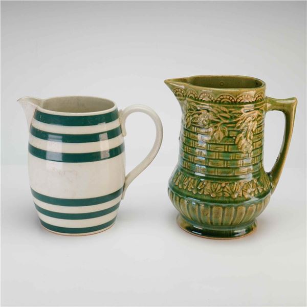 2pc Avon Earthenware Striped Pitcher Along with Green Victorian Majolica Pitcher