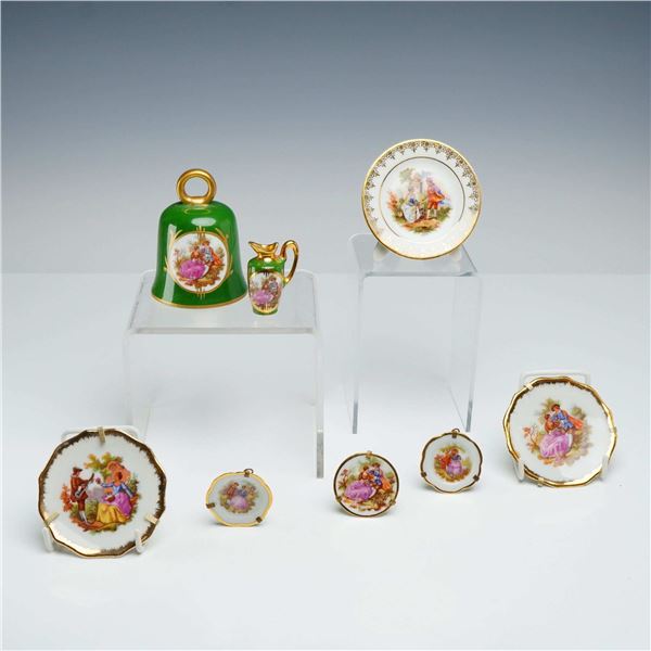 8pc Limoges France Porcelain Miniature Collection with Bell and Pitcher