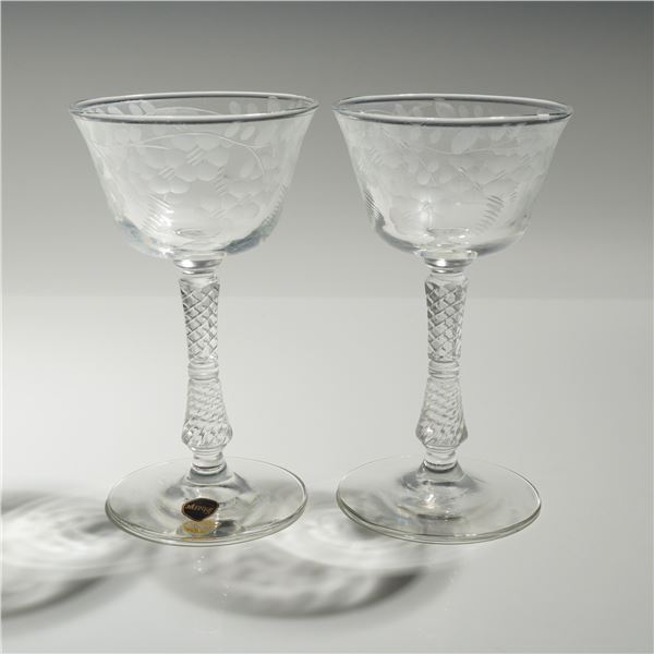 Pair of Rock Sharpe Etched Crystal Champagne Sherbet Glasses