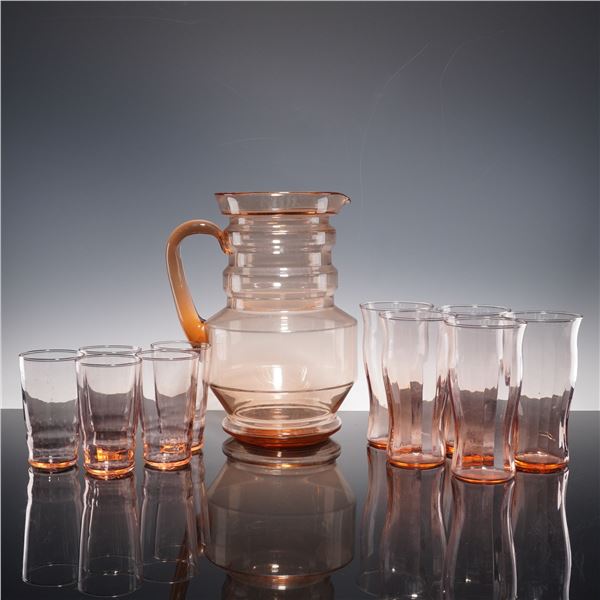 10pc Pink Depression Glass Pitcher and Tumblers