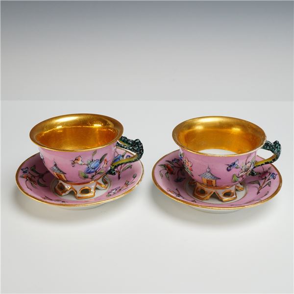 4pc Hand Painted and Gilded Ornate Porcelain Teacups and Saucers