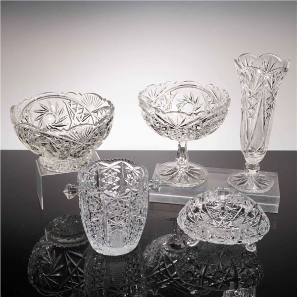 5pc Assortment of Cut Crystal Tableware Including Vase, Ice Bucket, and Footed Bowls