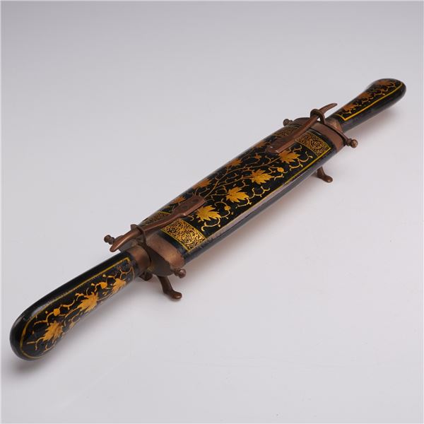 A Three-Piece Asian Carving Set with Knife, Trident-Style Fork, and Lacquered Wood Scabbard Stand