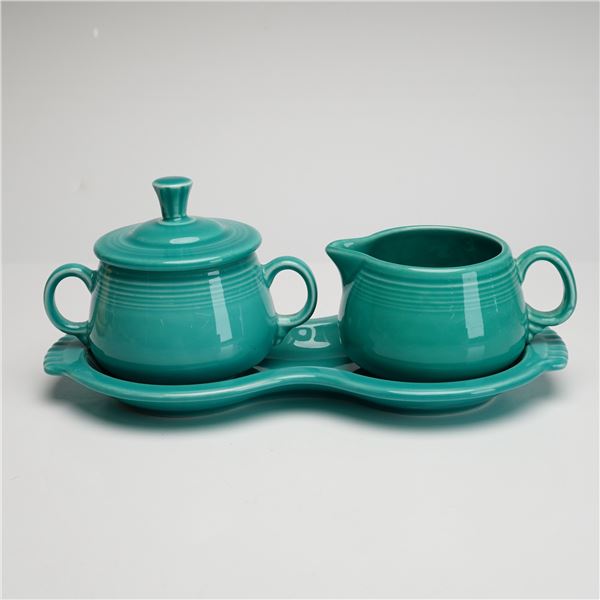 3pc Homer Laughlin & Co, Fiesta, Turquoise Creamer & Sugar Set w/ Tray