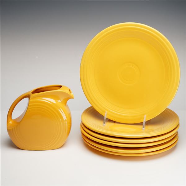 7pc Homer Laughlin, Fiesta, Daffodil Yellow Disc Pitcher & Plates Set