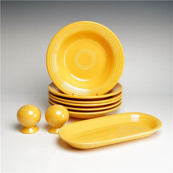 9pc Homer Laughlin Yellow Fiesta Soup Bowls, Bread Tray, S&P Shakers