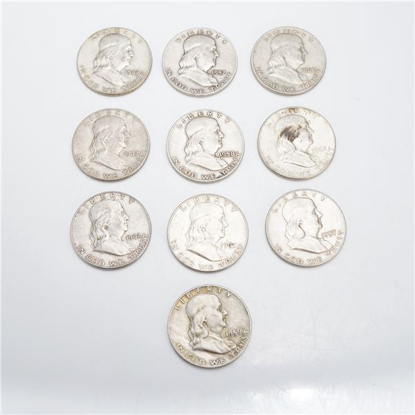 A Collection of US 1957-1963-D Franklin Half Dollars 90% Silver $5.00 Face Value