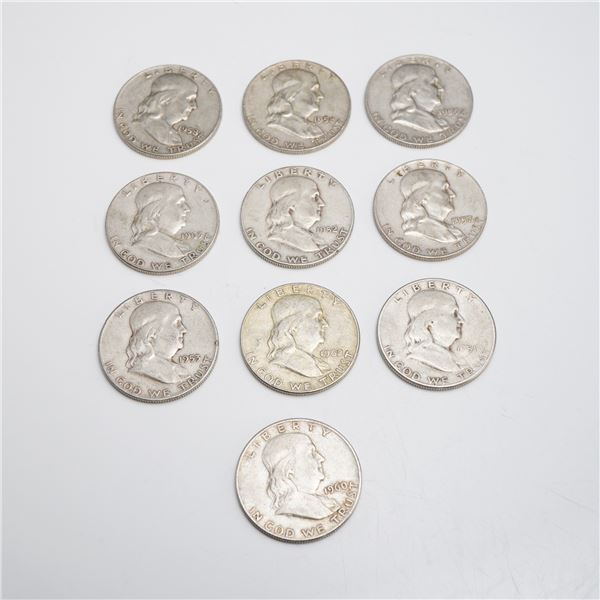 A Collection of US Franklin Half Dollars $5.00 Face Value 90 Percent Silver