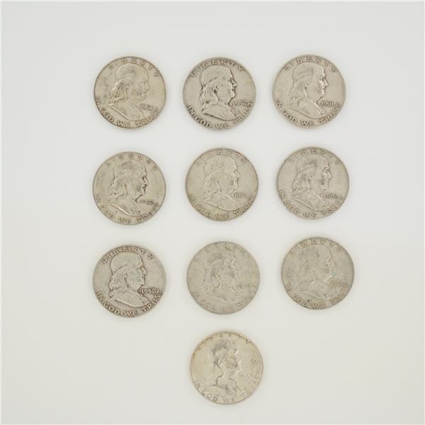 A Collection of 10 US Ben Franklin Half Dollars, 1952-1963