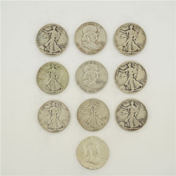 A Collection of US Walking Liberty and Franklin Silver Half Dollars