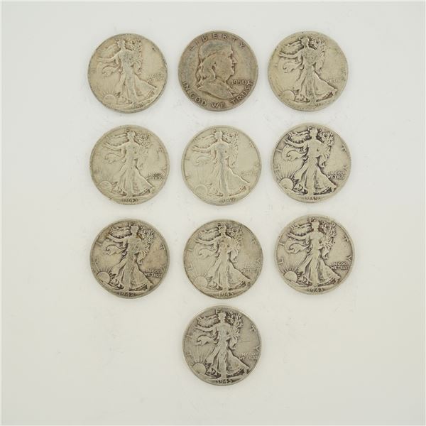 A Collection of 10 US Silver Walking Liberty and Franklin Half Dollars