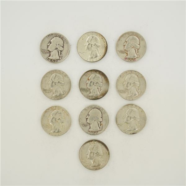 Ten US 90% Silver Washington Quarters, 1948-1964