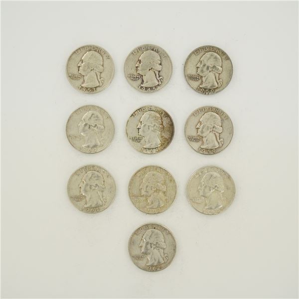 10pc Collection of US 90% Silver Washington Quarters, 1945-1964