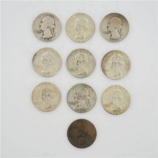 10pc Collection of US Silver Washington Quarter Dollars, 1934-1964