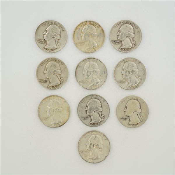 10pc Collection of US Silver Washington Quarters, 1941-1964