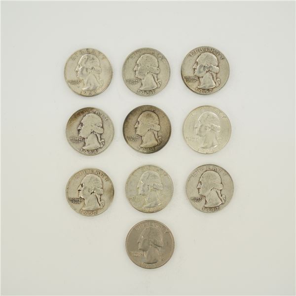 10pc Pre-1964 U.S. 90% Silver Washington Quarters